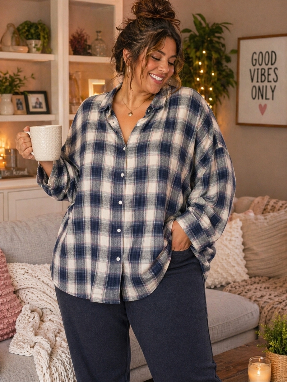 Old Navy Plaid Button Down Shirt Blue & White 100% Cotton Size XXL